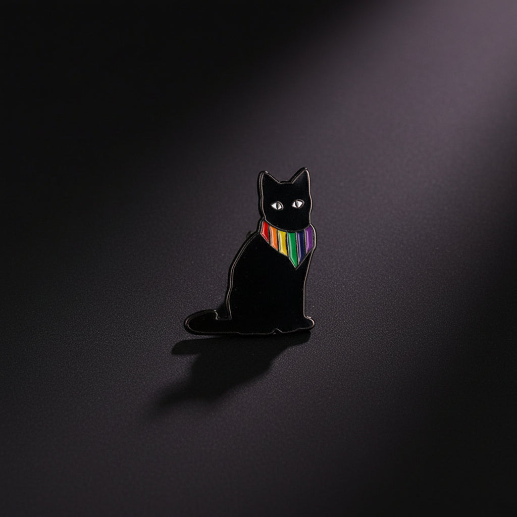 pride kitty enamel pin rainbow design,
cat with rainbow bandana enamel pin on black background, pride cat pin close up enamel detail,
lgbtq pride enamel pin