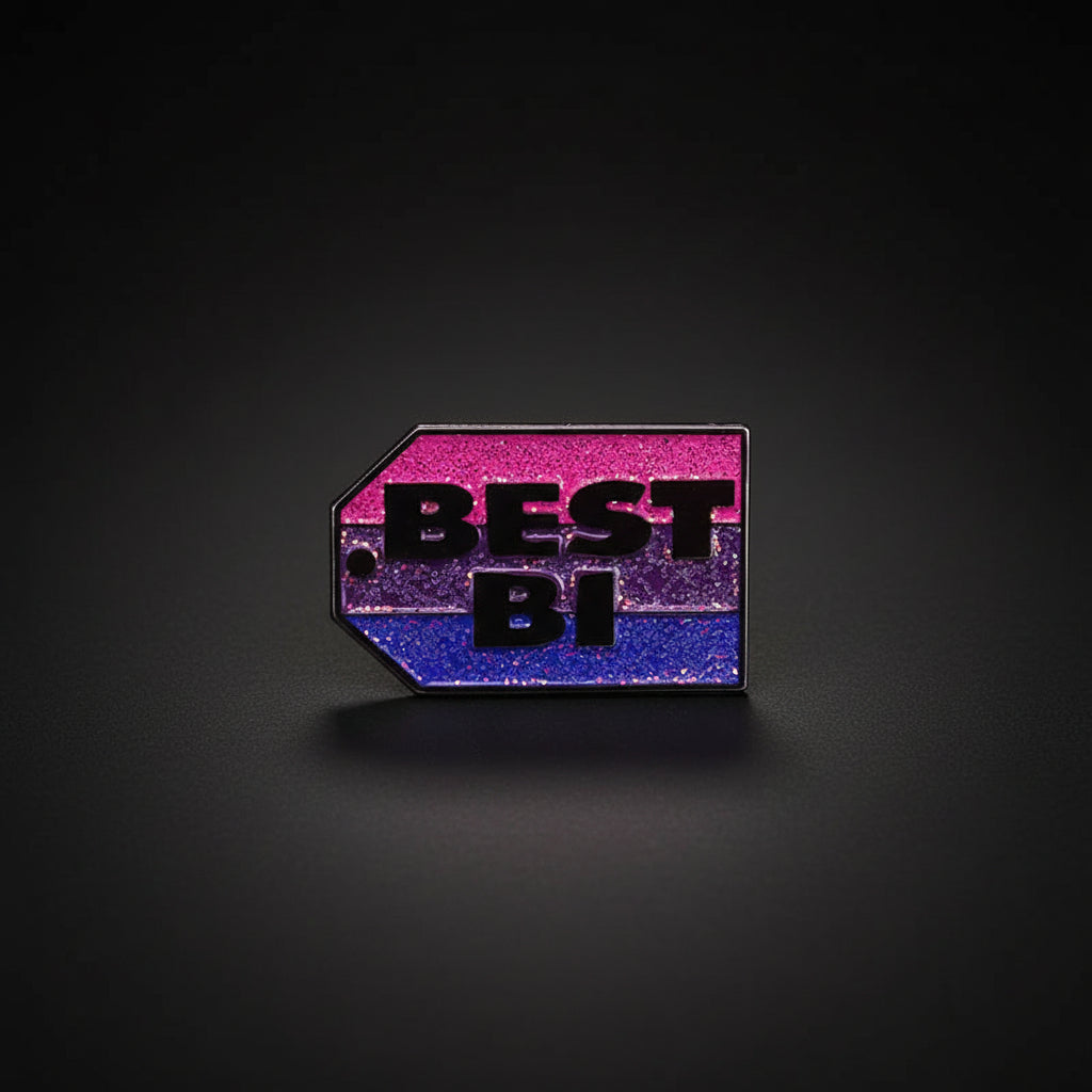 The Best Buy logo reimagined as a bisexual pride flag of pink, purple, and blue lines with glitter. The text states, "Best Bi"