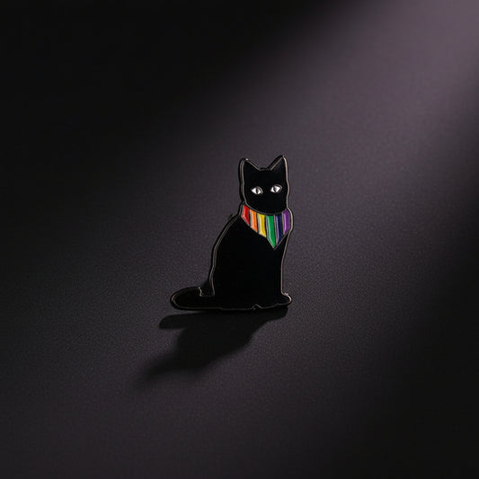 pride kitty enamel pin rainbow design,
cat with rainbow bandana enamel pin on black background, pride cat pin close up enamel detail,
lgbtq pride enamel pin