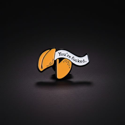 An enamel pin of a fortune cookie with a fortune that states, "You're fucked."