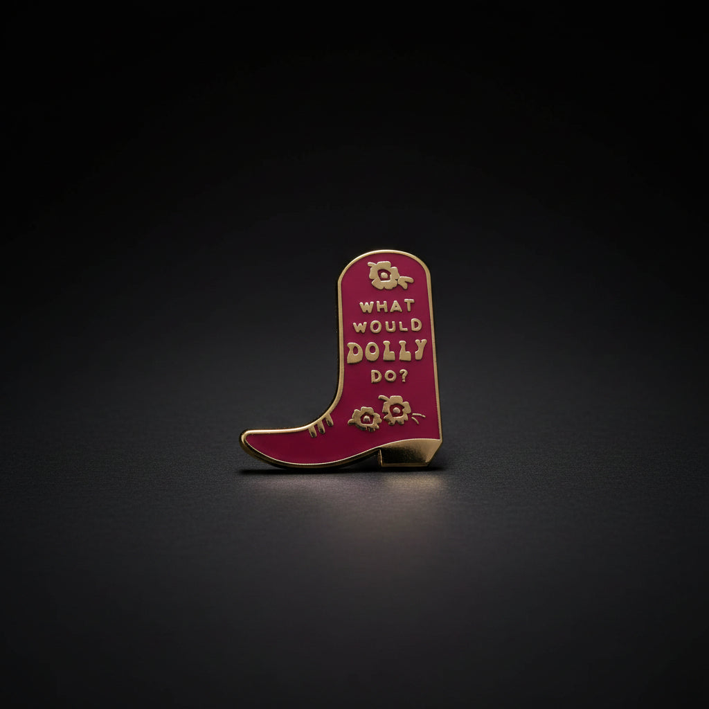 A burgundy cowboy boot with a floral design and the words "What would Dolly Do?"