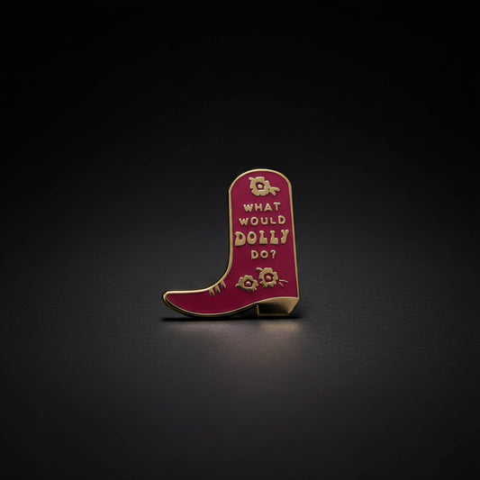 A burgundy cowboy boot with a floral design and the words "What would Dolly Do?"